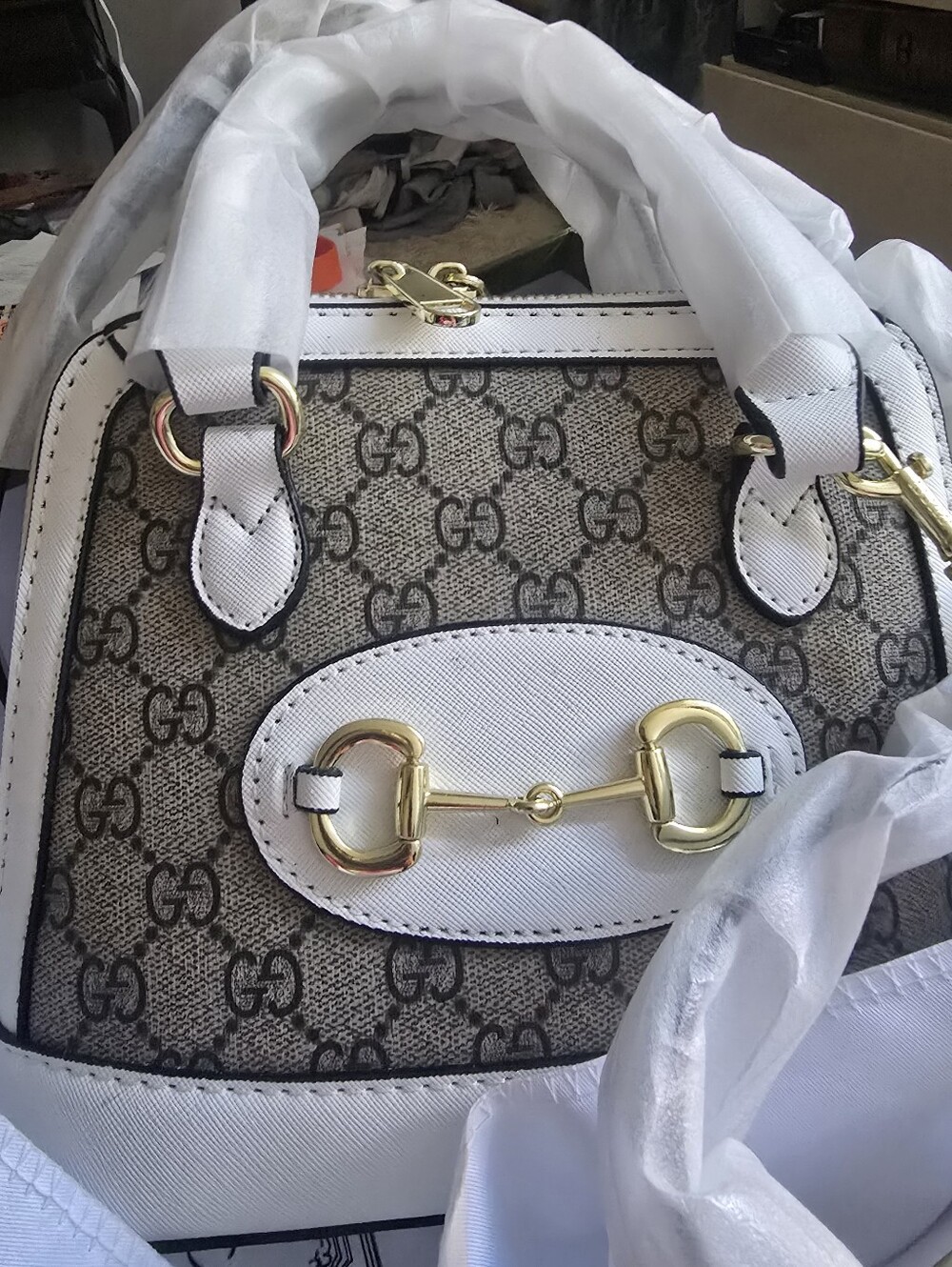 Super Canvas Summer Whitr Beige GG Canvas Satchel w/White Trim Crossbody Strap - Picture 9 of 17